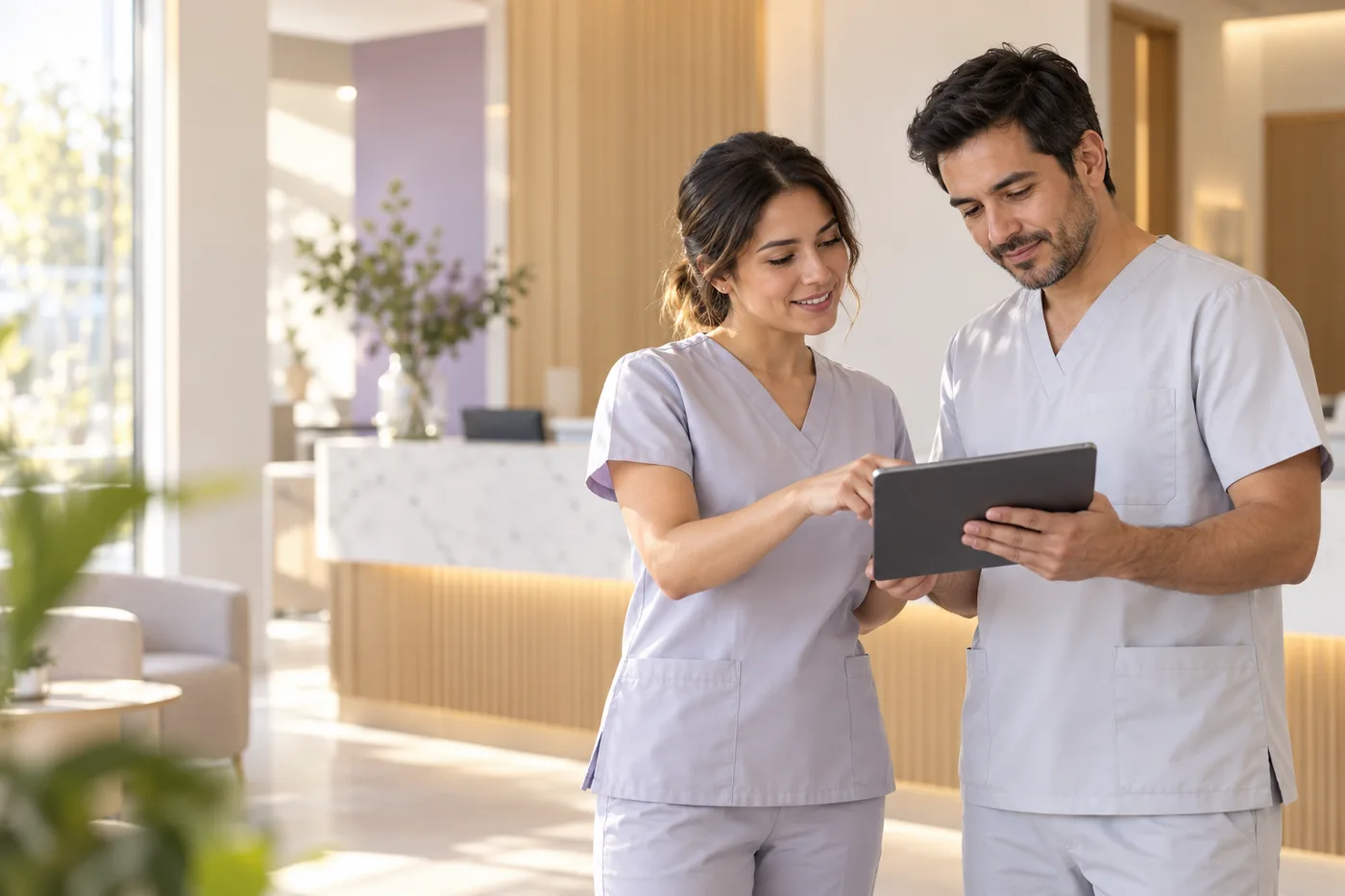 Escena ilustrativa de un equipo de salud revisando su jornada en una clínica